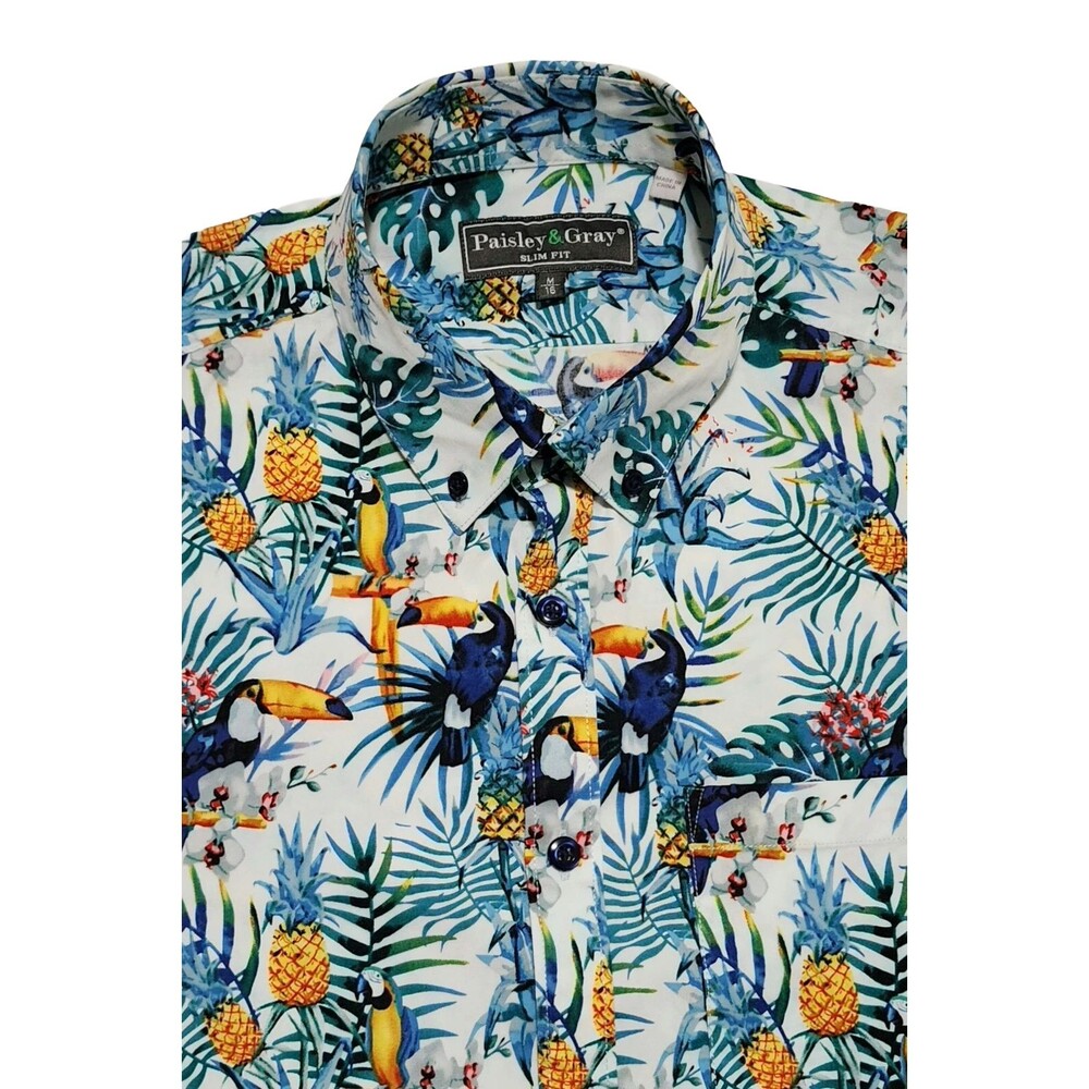 Paisley Gray Shirt Mens M 16 Slim Fit Tropical Toucan Pineapple Button Down EUC